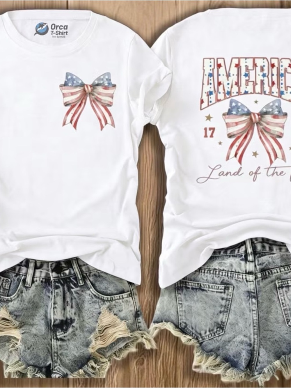 White Short Sleeve Tee with Patriotic Bow Accent